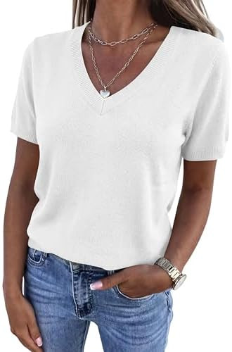 PRETTYGARDEN Womens Short Sleeve Sweaters V Neck Business Casual Tops Lightweight Sweater Shirts ... | Amazon (US)