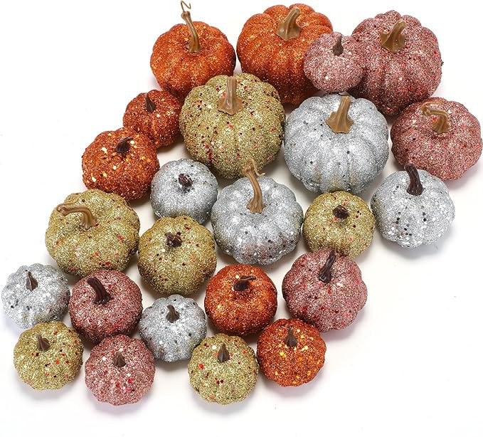 24 Pack Glitter Artificial Pumpkins Fall Decor Assorted Small Foam Decorative Pumpkin Thanksgivin... | Amazon (US)