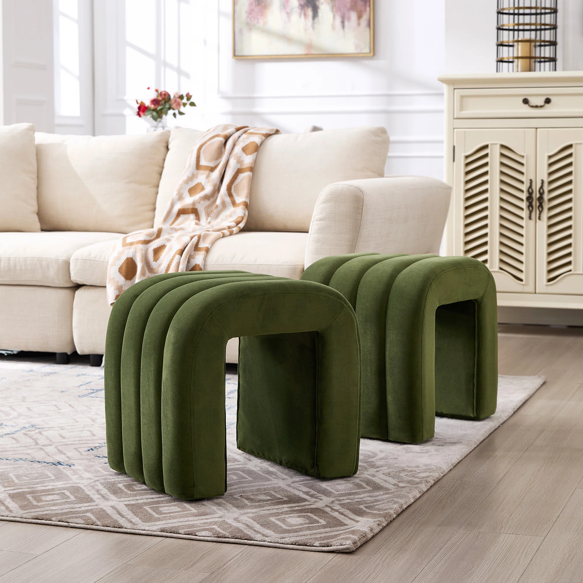 Rienna Yuna Luxury U Shaped Waterfall Ottoman 19.3" Wide Green Velvet Vanity Stool with Ribbed Tu... | Wayfair North America