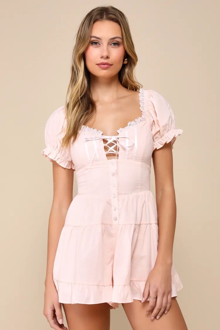 Completely Precious Blush Lace-Up Puff Sleeve Corset Romper | Lulus