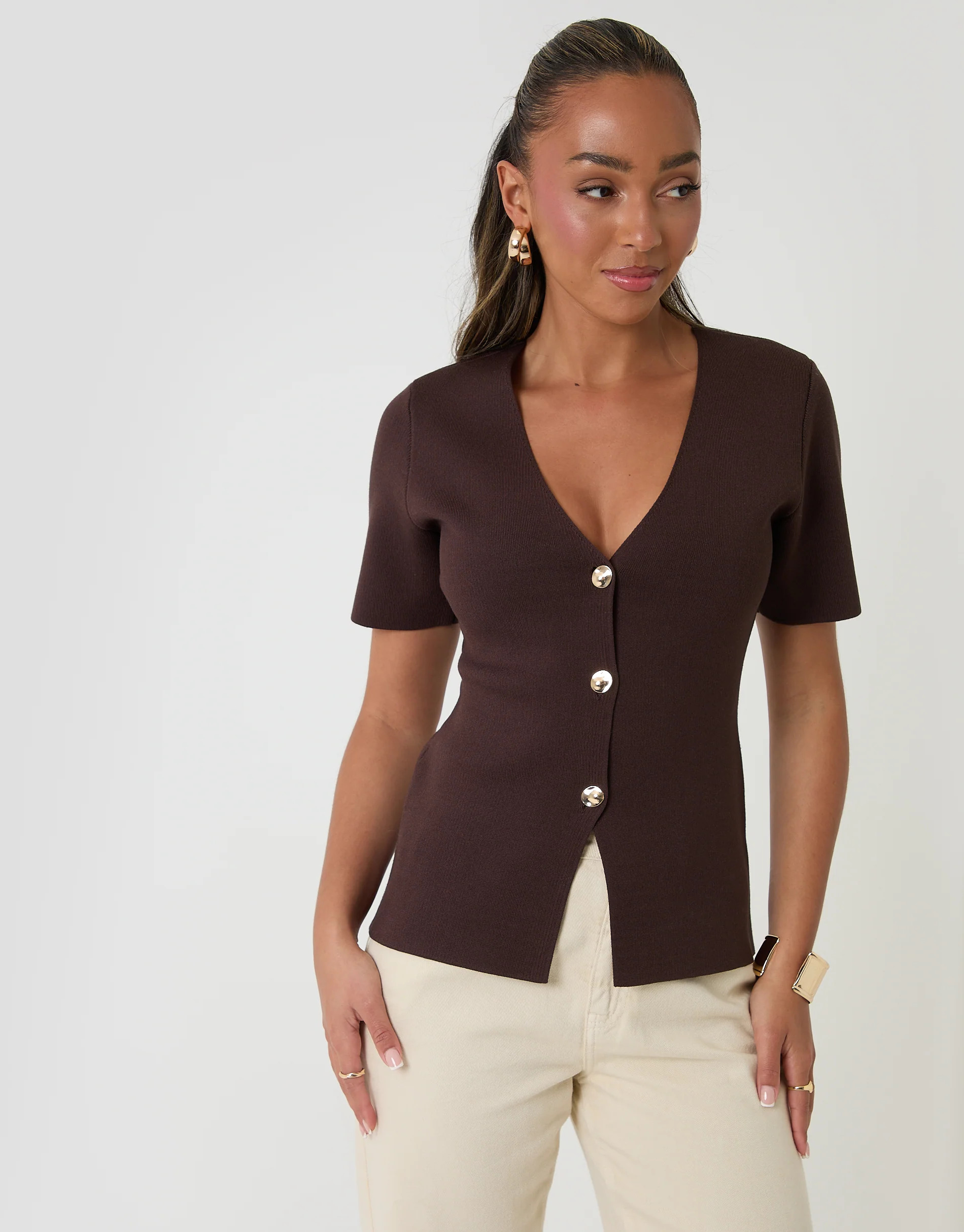 V-Neck Compact Knitted Top in Chocolate Brown | Threadbare UK