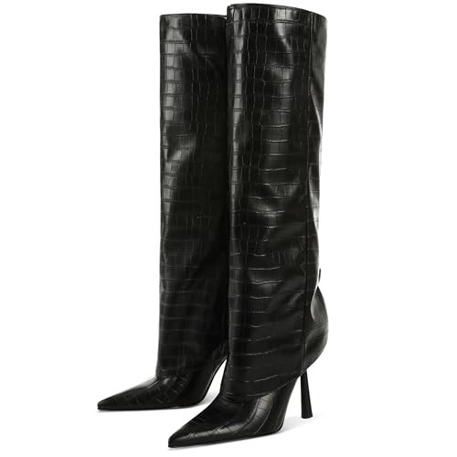 Oiamenne Knee High Boots Women's Fold Over Boots Pointed Toe Stiletto Heel Tall Boots Slip On Sexy Long Boots Fashion Dress Boots for Women Black Size 8.5 | Amazon (US)