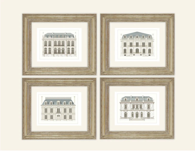 Set of 4 French Architectural House Designs on Archival Watercolor Paper - Etsy | Etsy (US)