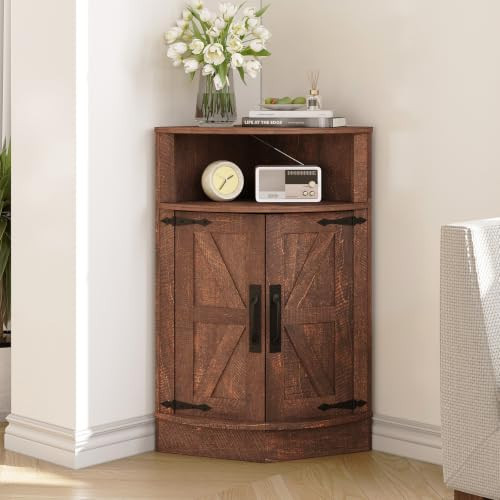 Vabches Corner Storage Cabinet, Farmhouse Small Floor Corner Cabinet with Barn Door and Adjustable Shelf, Narrow Cabinet Organizer for Bathroom,Pantry, Living Room, Kitchen, Brown | Amazon (US)