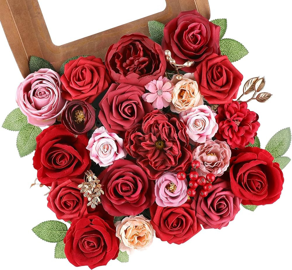 Red Artificial Flowers Combo Fake Flowers Red Rose Silk Flowers Fake Floral Arrangements for DIY ... | Amazon (US)