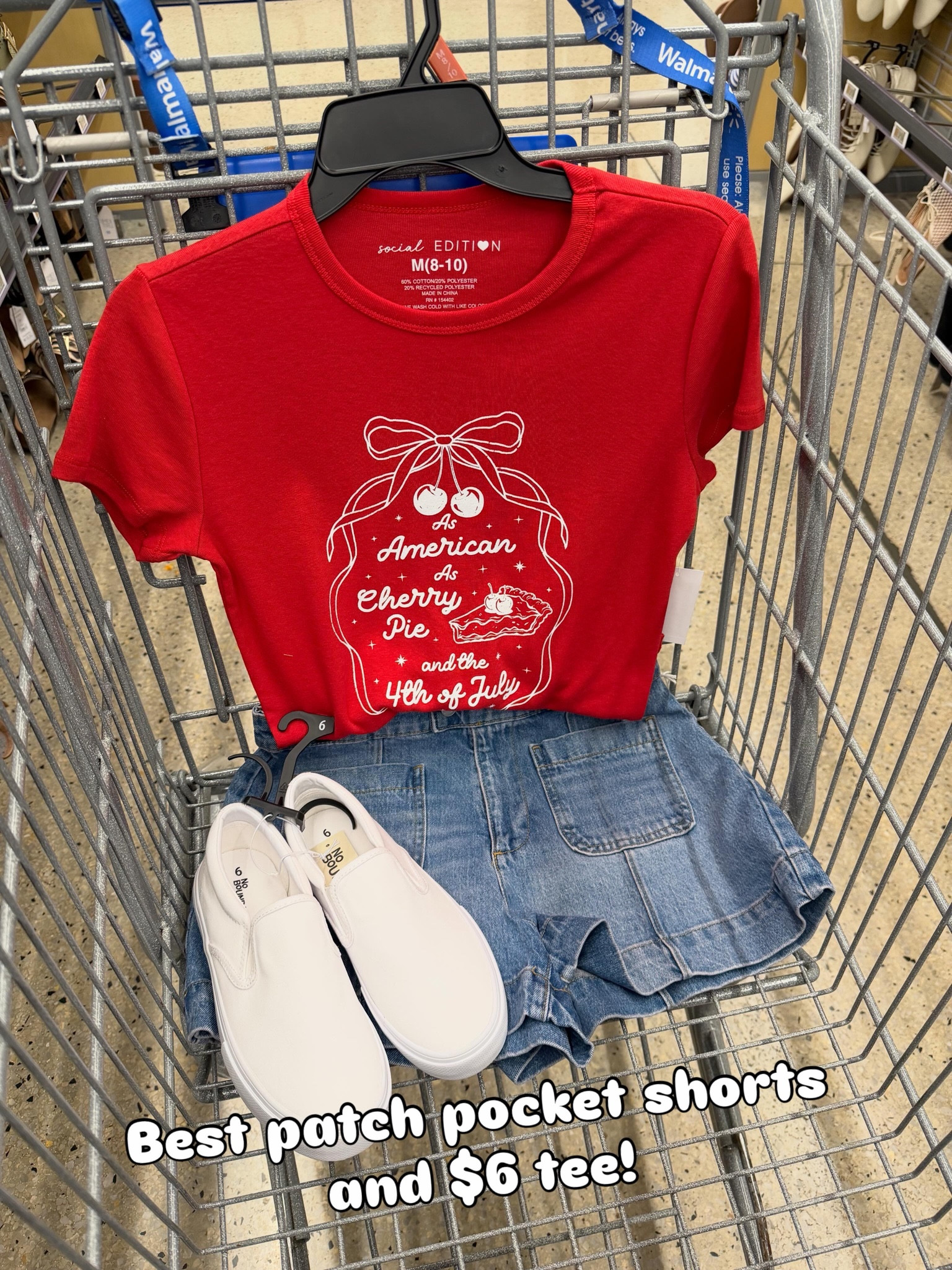 Graphic tee and patch pocket denim shorts at Walmart! 4th of July outfit idea