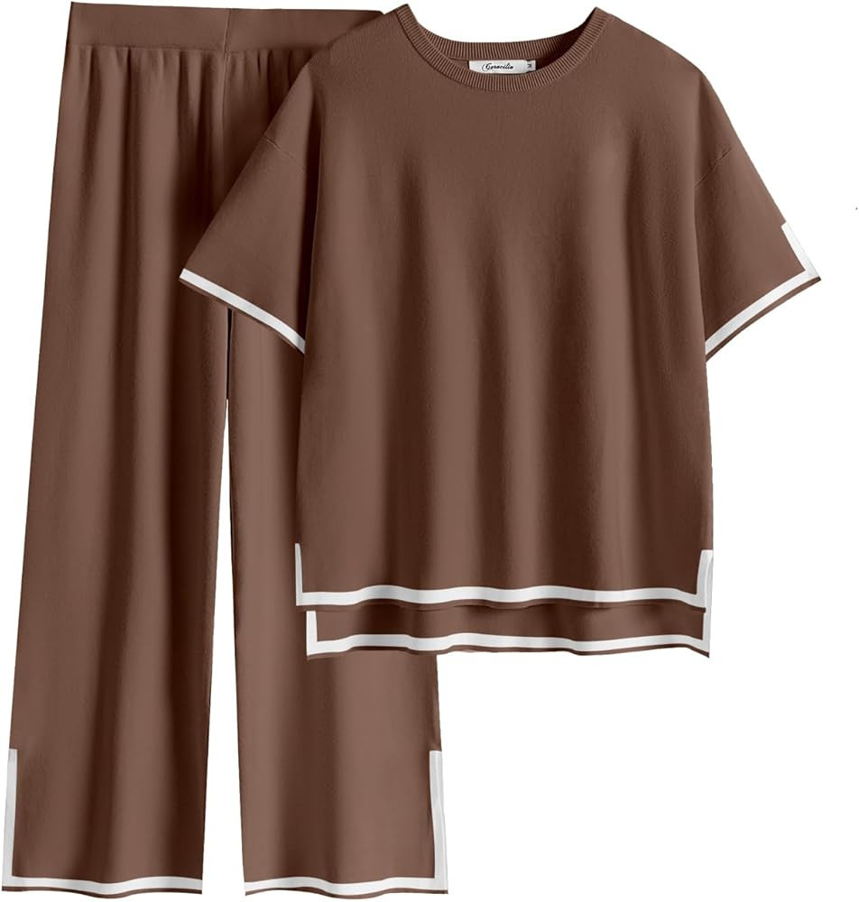 Caracilia Women 2 Piece Outfits Lounge Sets Knit Sweater Sets Maching Lounge Wear Pajama Jogger T... | Amazon (US)