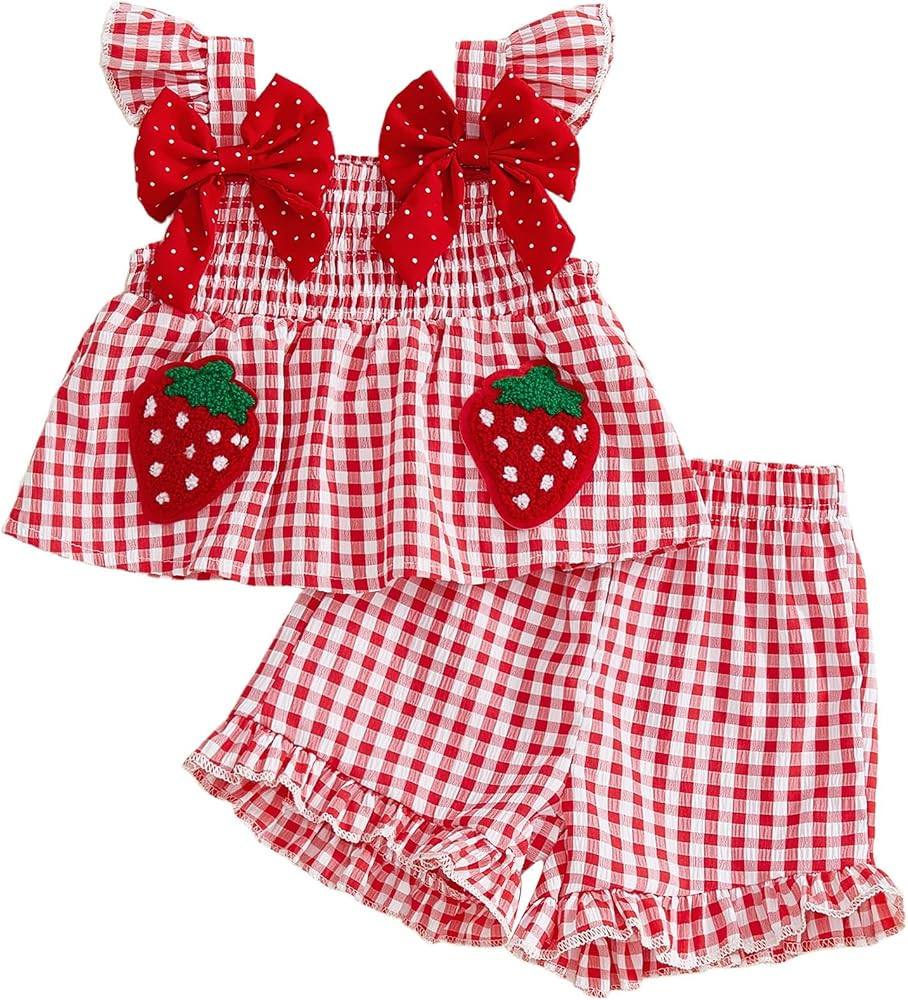 Mubineo Toddler Baby Girl Summer Clothes Cute Ruffle Shirt Tops Dress Shorts Outfits Set Fruit Bl... | Amazon (US)