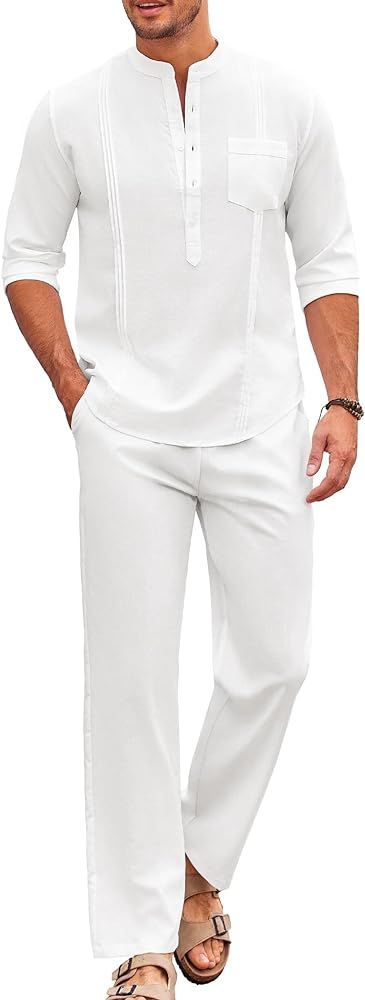 COOFANDY Men's 2 Piece Cotton Linen Sets Casual Long Sleeve Henley Shirts Yoga Pants Set Beach Cu... | Amazon (US)