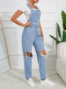 Ripped Cut Out Patched Pocket Denim Overalls Without Tee SKU: sw2211218832353174Cotton$23.49$29.4... | SHEIN
