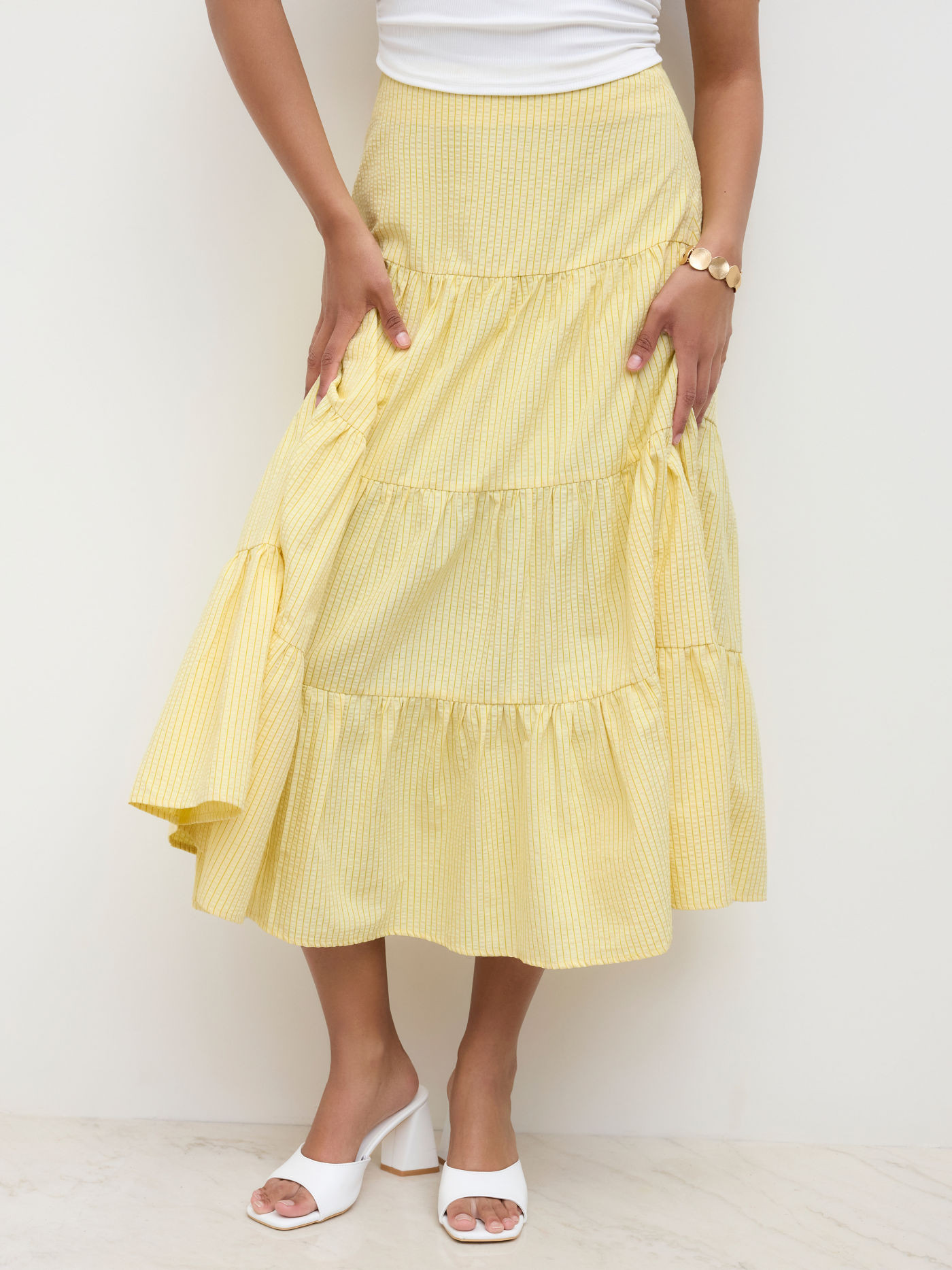 Woven Cotton-blend Mid Rise Stripe Tiered Maxi Skirt For Daily Casual | Cider