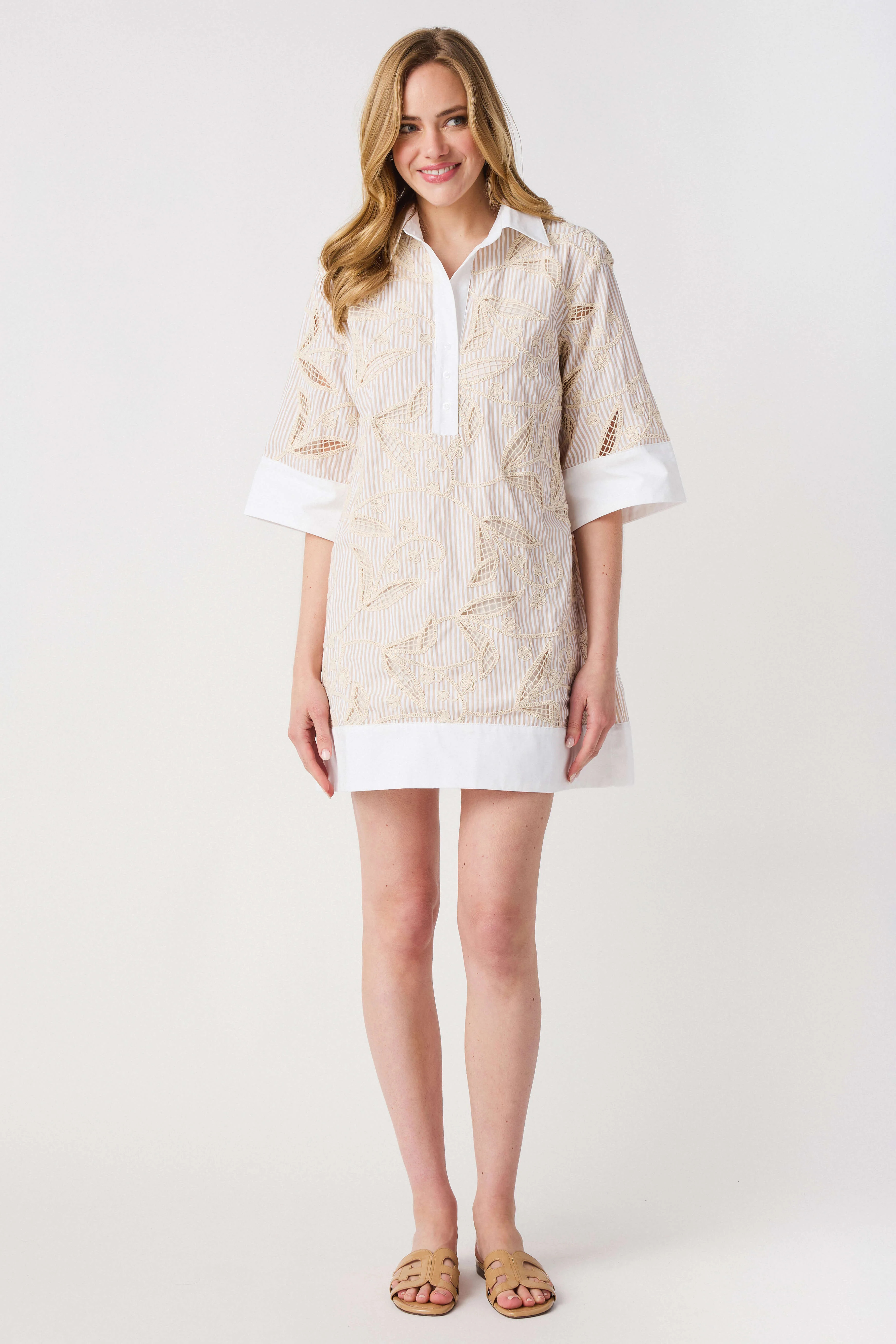 Lalavon Floral Embroidery Contrast Shirt Dress | Social Threads