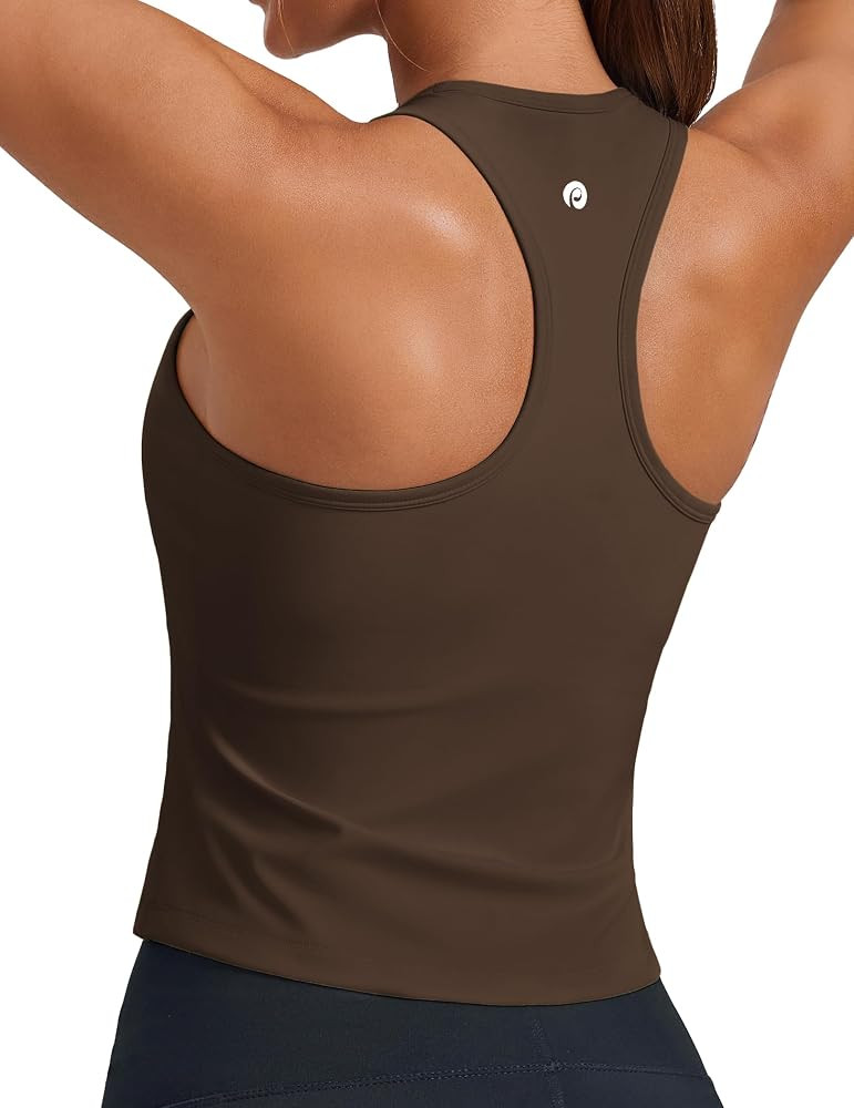 PINSPARK Workout Tops for Women Racerback Tank Top with Built in Bras Waist Length Yoga Tops Padd... | Amazon (US)