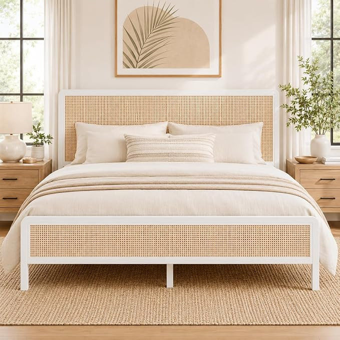 Rattan Full Size Bed Frame with Headboard, Boho Full Metal Platform Bed Frame with Steel Slats, U... | Amazon (US)