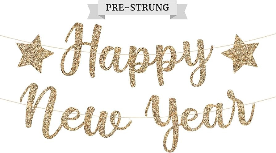 PreStrung Happy New Year Banner NO DIY Gold Glitter New Years Eve Party Banner in Script PreStrun... | Amazon (US)