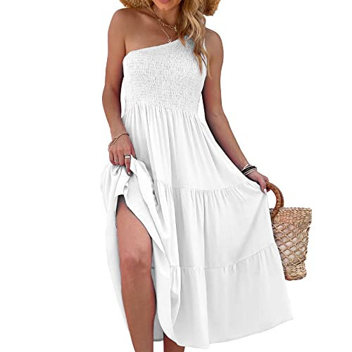 Women's One Shoulder Summer Casual Dresses Beach Vacation Travel Boho Sleeveless Smocked Maxi Long Dress (S, White) | Amazon (US)