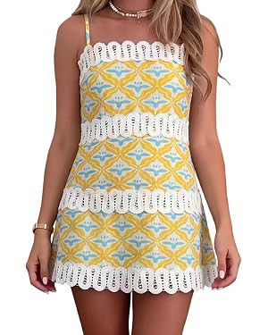 Women's Geometric Print Mini Dress Lace Trim Spaghetti Strap Dress Summer Casual Sundress for Bea... | Amazon (US)