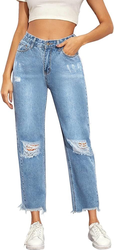 Genleck Women's Ripped Jeans Distressed Holes Mid-Rise Baggy Straight Leg Denim Pants | Amazon (US)