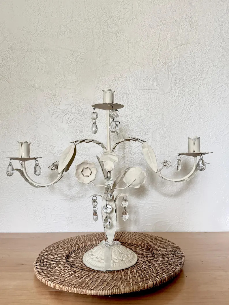 Vintage Ivory Floral Metal Candelabra with Glass Prisms - 3 Arm French Cottage Style | Etsy (US)