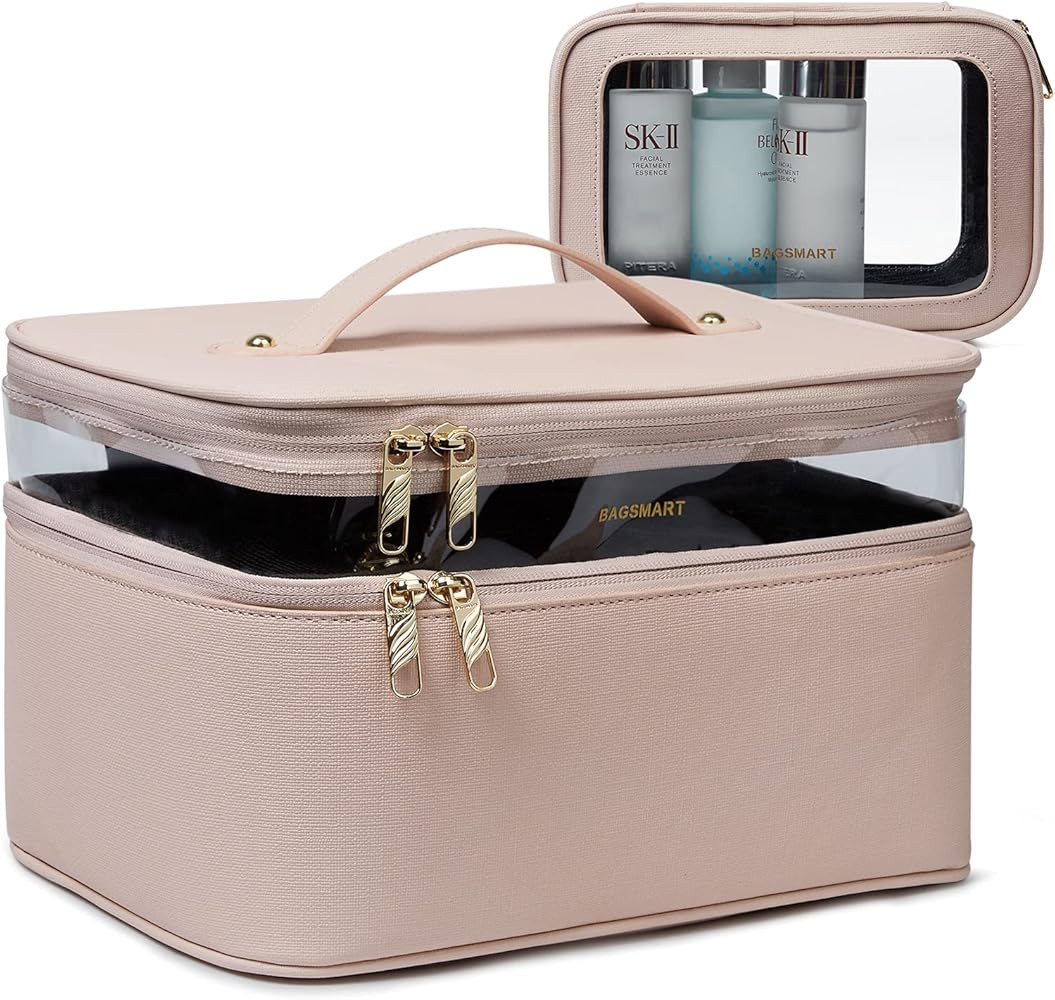 BAGSMART Large Cosmetic Bags Double Layer with Adjustable Dividers, 2 in 1 Travel Makeup Bag Wate... | Amazon (US)