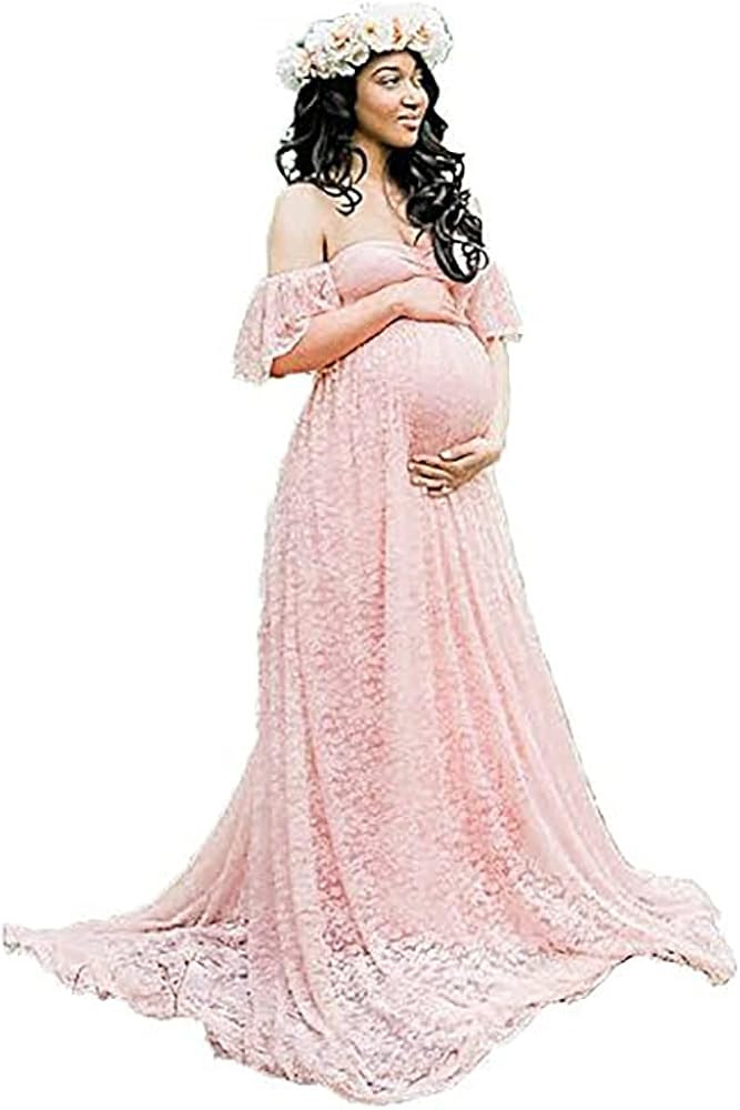 Maternity Off Shoulder Ruffle Sleeve Lace Women's Gown Maxi Photography Dress | Amazon (US)