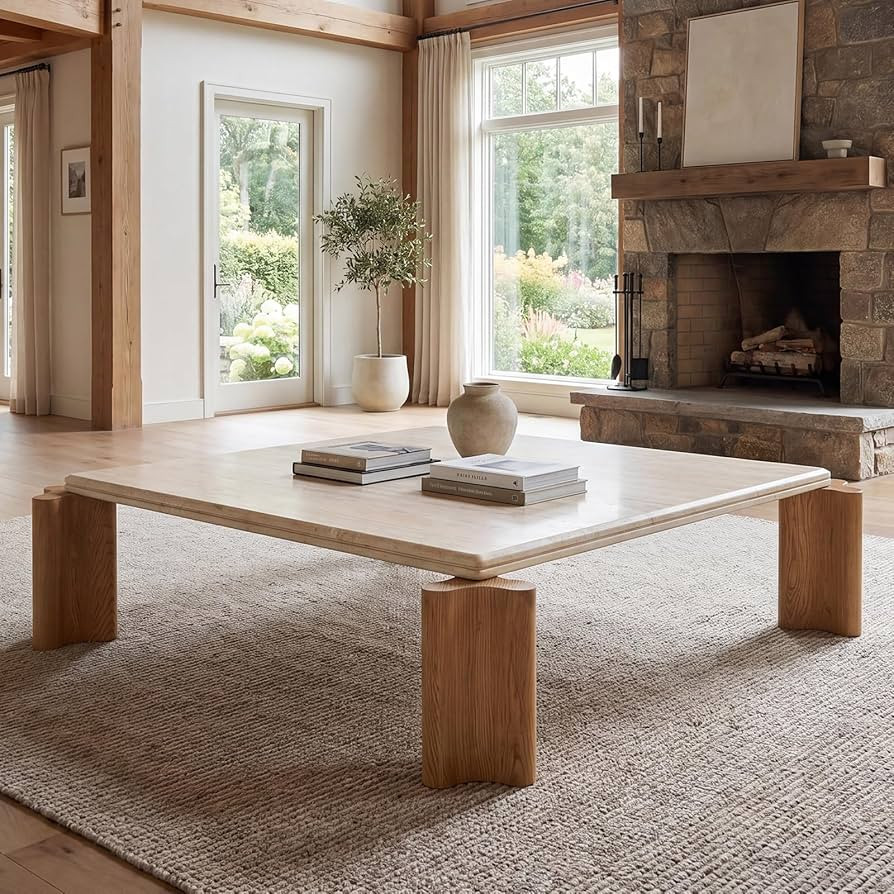 Hyfirm 47 Inch Large Square Coffee Table, Faux Travertine Stone Top with Natural Wood Grain Legs,... | Amazon (US)