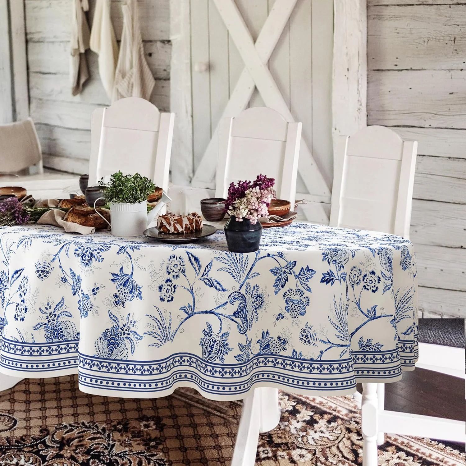 Blue Floral Oval Tablecloth 54x72 Inch, Blue and White French Country Tablecloth, Rustic Floral P... | Walmart (US)