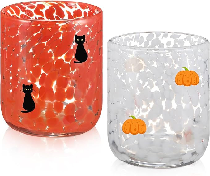 Skylety 2 Pcs Halloween Icon Juice Glasses - Orange Pumpkin & Black Cat Icon Stemless Coffee Cock... | Amazon (US)
