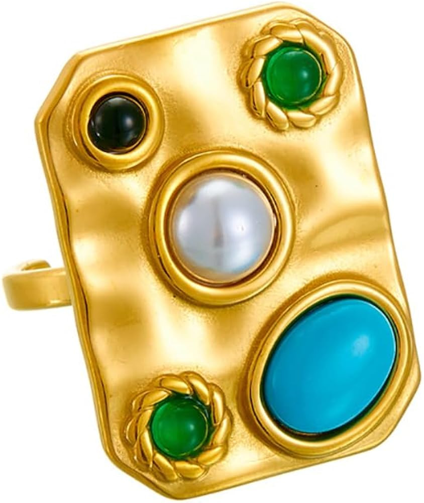 Adjustable Geometric Square Chunky Ring for Women Girls - Gold Plated Stainless Steel Turquoise &... | Amazon (UK)