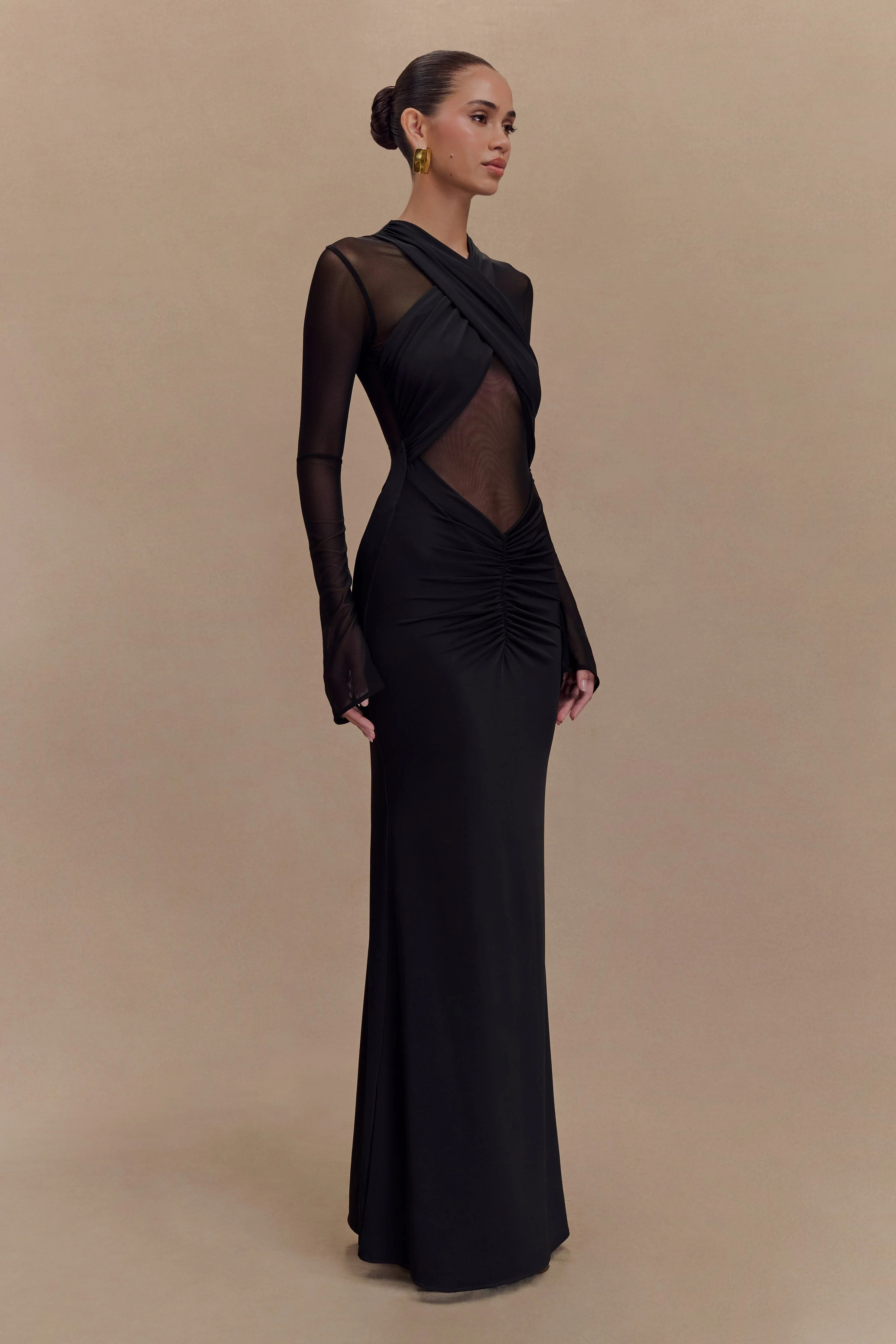 Tania Slinky And Mesh Long Sleeve Maxi Dress - Black | MESHKI US