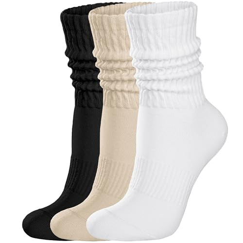 COZYOFFI Womens Scrunch Crew Socks: Retro Solid Slouch Mid Calf Socks - Cotton Casual Athletic Socks Black White Beige | Amazon (US)