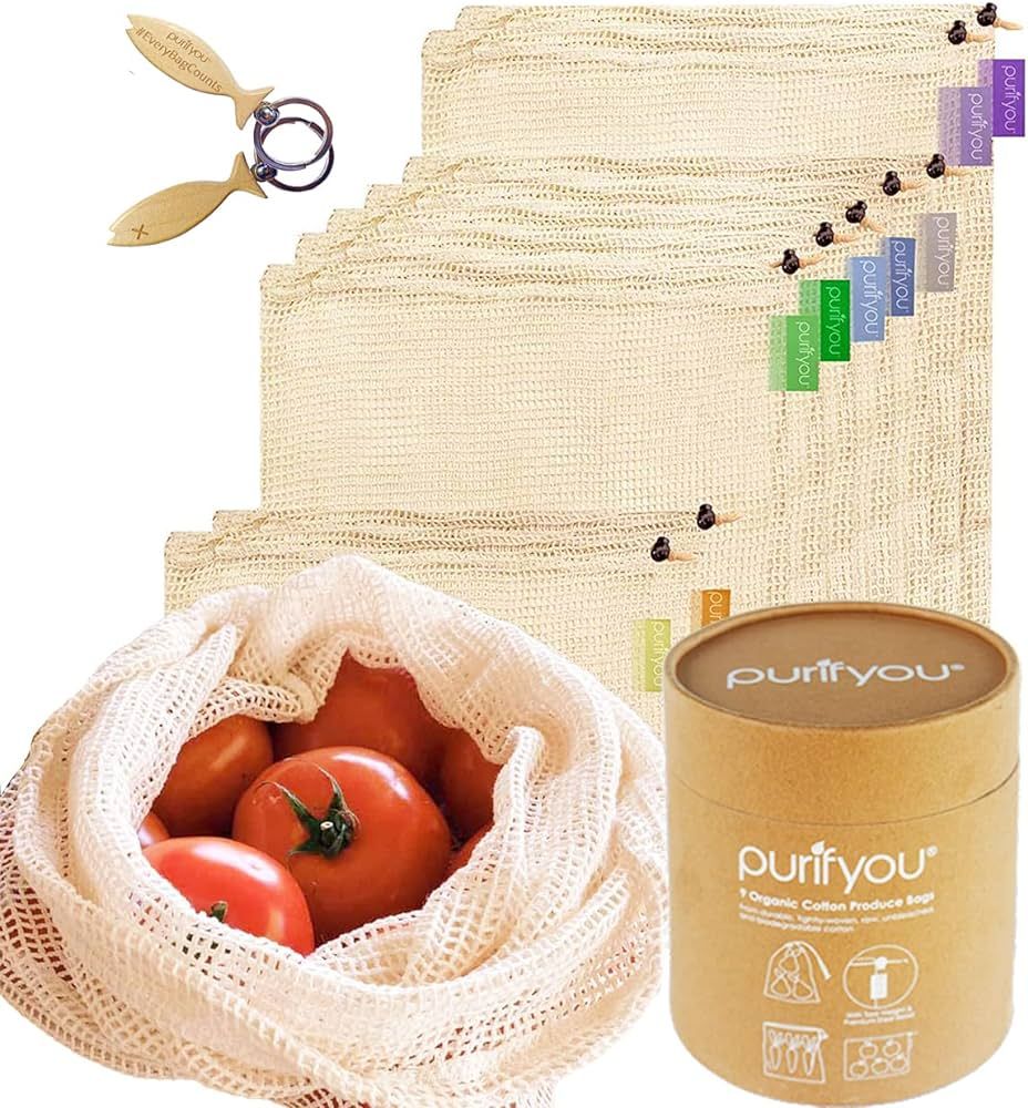purifyou Premium Organic Cotton Storage Produce Bags - (Set of 9) 2x Large, 5x Medium, 2x Small R... | Amazon (US)