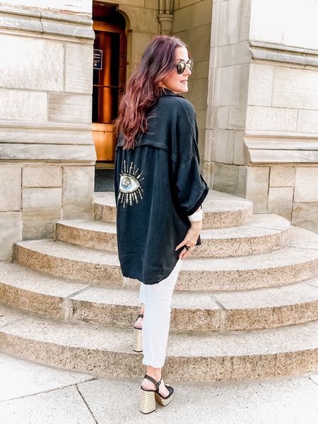 Evil eyes, white jeans, epic platforms. I literally dress for vacation now and make no apologies for it! 

Here are the links for everything BUT the black shirt (order direct from Jaki London). 


#LTKshoecrush #LTKSeasonal #LTKstyletip