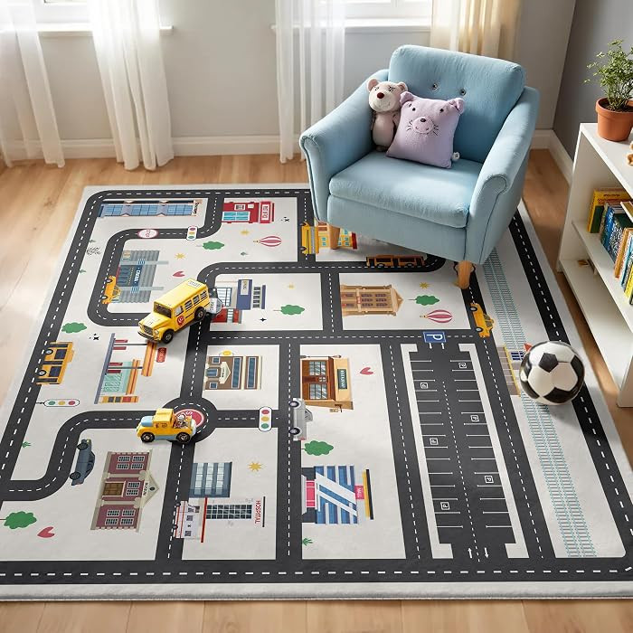 5x7ft Kids City Road Car Play Rug - Non-Slip Faux Wool Carpet with Interactive City Map Design, E... | Amazon (US)