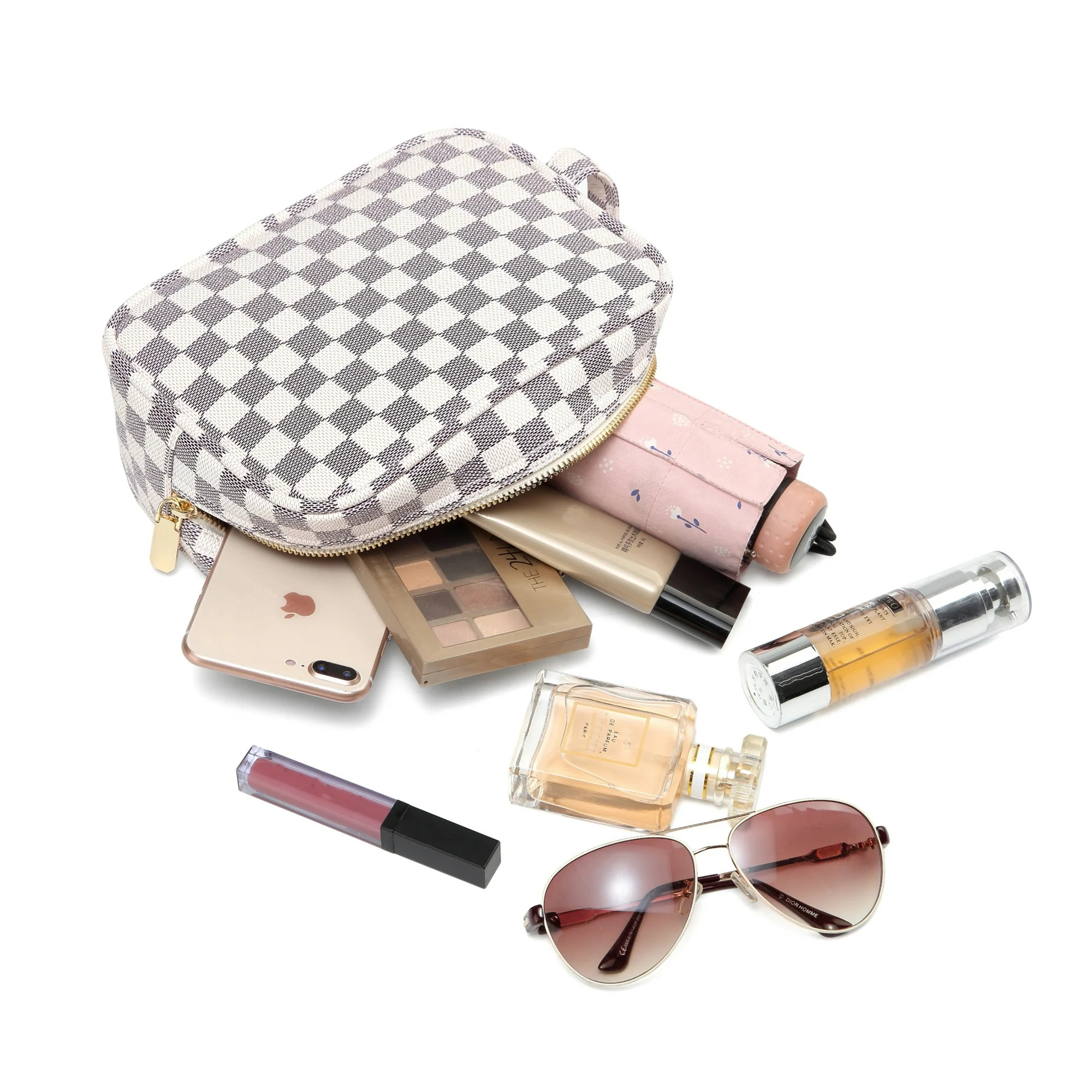 Daisy Rose Luxury Checkered Make Up Bag | PU Vegan Leather Cosmetic toiletry Travel bag (Cream) | Walmart (US)