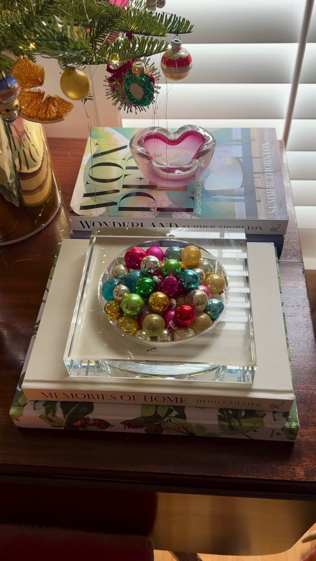 my first Christmas vignette of the season 
mini shiny brite ornaments 
gold ice bucket 
Tabletop tree 
Mercury drop 


#LTKHoliday