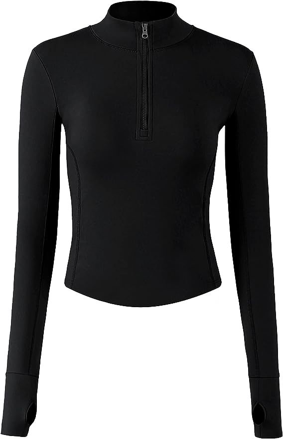 APAFES Women Cropped Black Workout Half Zip Jackets Lightweight Stretchy Athletic Gym Pullover To... | Amazon (US)
