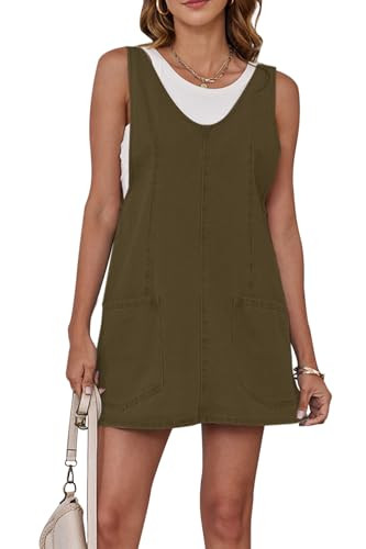 MAOECO Womens Fashion High Roller Overalls Loose Casual Sleeveless Denim Dress Pinafore Mini Romper Skirtall with Pockets Summer 2025 Army S | Amazon (US)