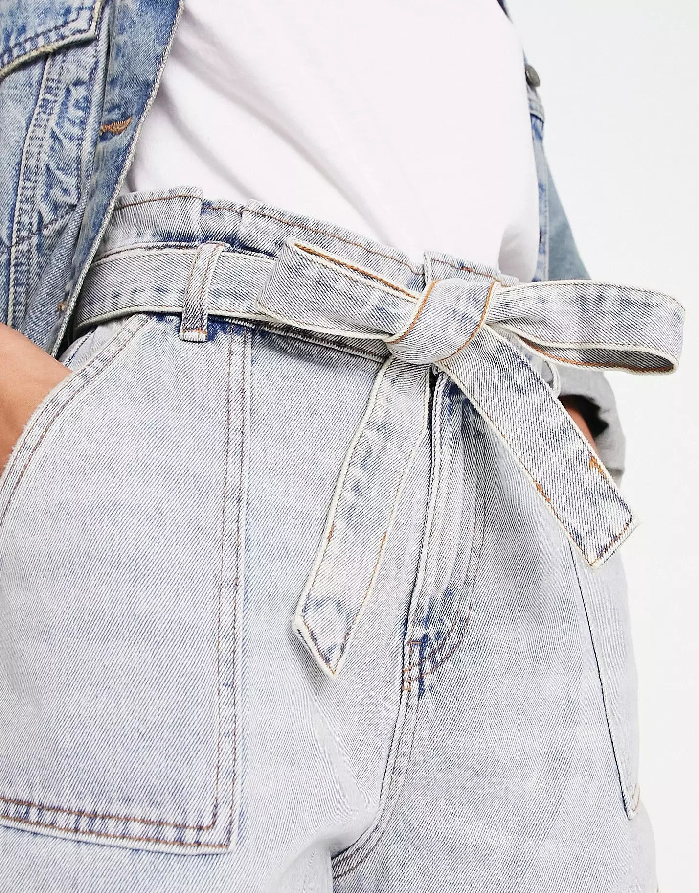 Miss Selfridge paper bag tie waist denim short in acid wash | ASOS (Global)