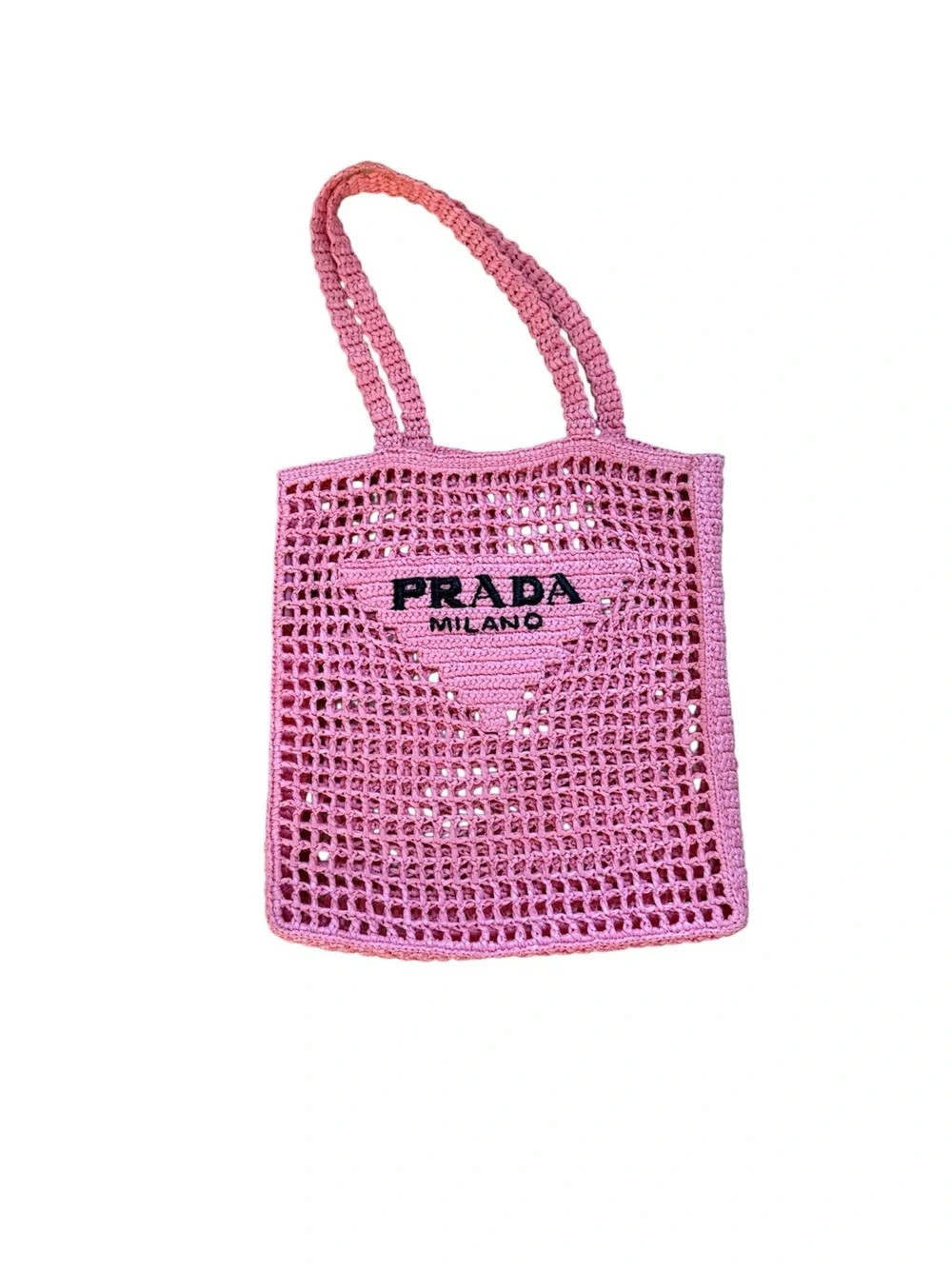 Prada Pink Crochet Raffia Tote Bag Milano Logo Beach Shopper | Poshmark