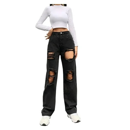 Akiihool Baggy Jeans for Women Trendy Distressed Straight Leg Stretch Destroyed Jean with Broken Holes Black Size M | Walmart (US)