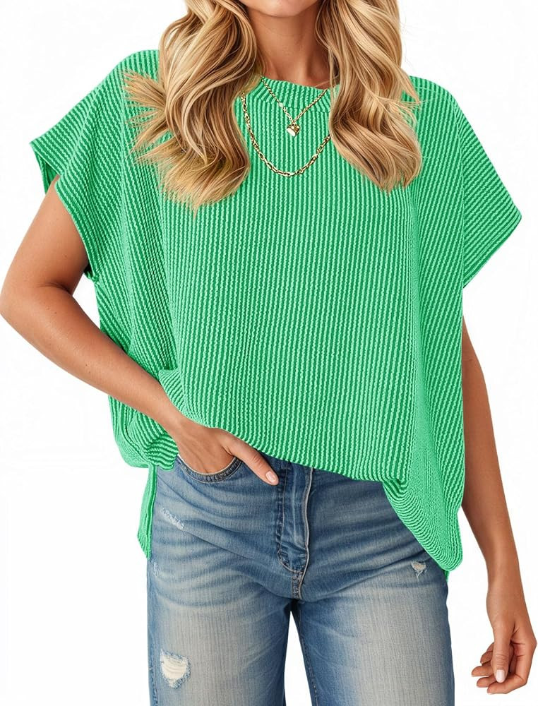 Tankaneo Womens Oversized Short Cap Sleeve Tunic Tops Summer Casual Textured Ribbed Knit T-Shirts Loose Fit Tees | Amazon (US)