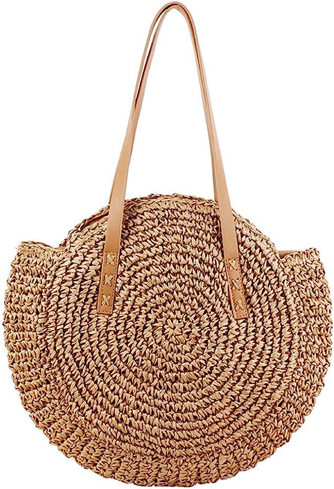 Round Straw Bag Handwoven Natural Summer Beach Shoulder Bag Rattan Crossbody Purse for Women | Amazon (US)