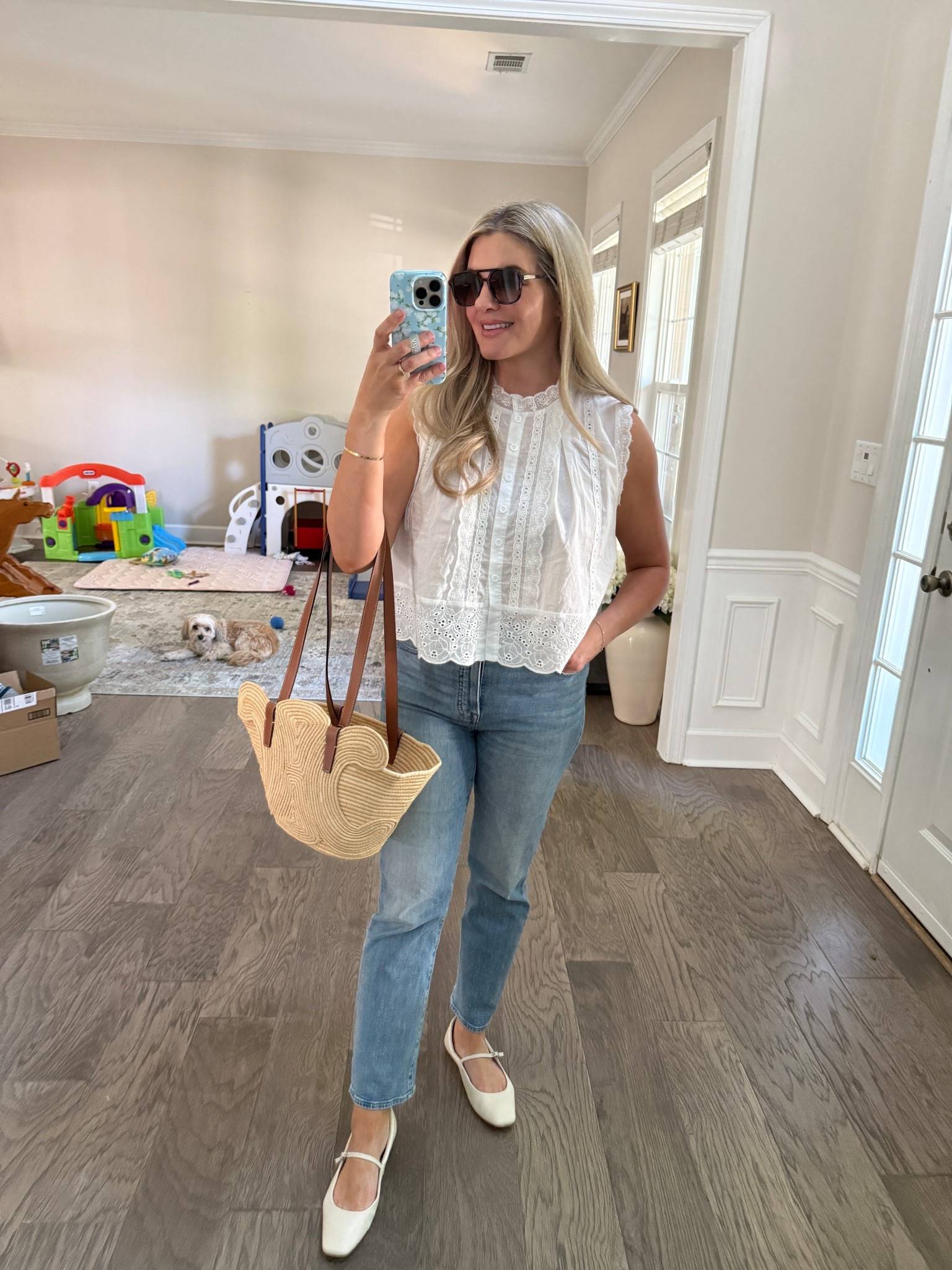 Casual white lace top, going out top, light jeans, straw bag, amazon, target, dolce vita, Mary Jane, ivory flat 

#LTKSaleAlert