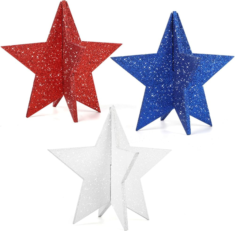 6 Inch Labor Day Decorations Wooden Stars Set, 3D Glitter Star Memorial Day Tiered Tray Decor, 4t... | Amazon (US)