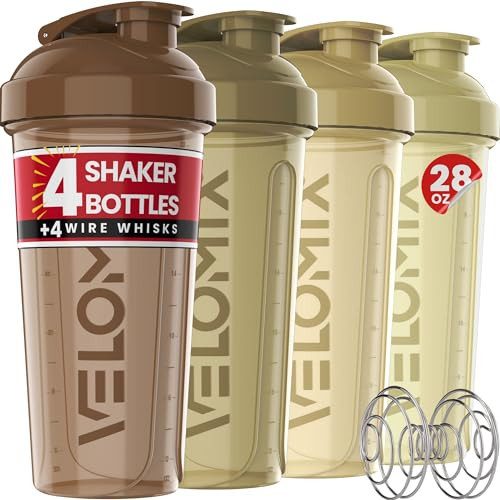 VELOMIX -4 PACK- 28 oz Protein Shaker Bottle for Protein Mixes - 4x Wire Whisk | Leak Proof Shaker Cups for Protein Shakes | Protein Shaker Bottle Pack | Protein Shake Cup (Brown) | Amazon (US)