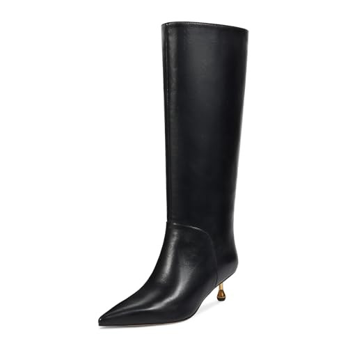 wetkiss Womens Black Knee High Boots Low Heel Wide Calf Tall Boots Knee High Pointed Toe Boots Long Boots Black High Boots Faux Leather Boots, Size 7 | Amazon (US)
