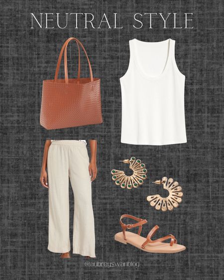 Neutral Style 🤍 

Old Navy finds, white tank top, linen pants, nude tote bag, gold plated fan earrings, neutral sandals