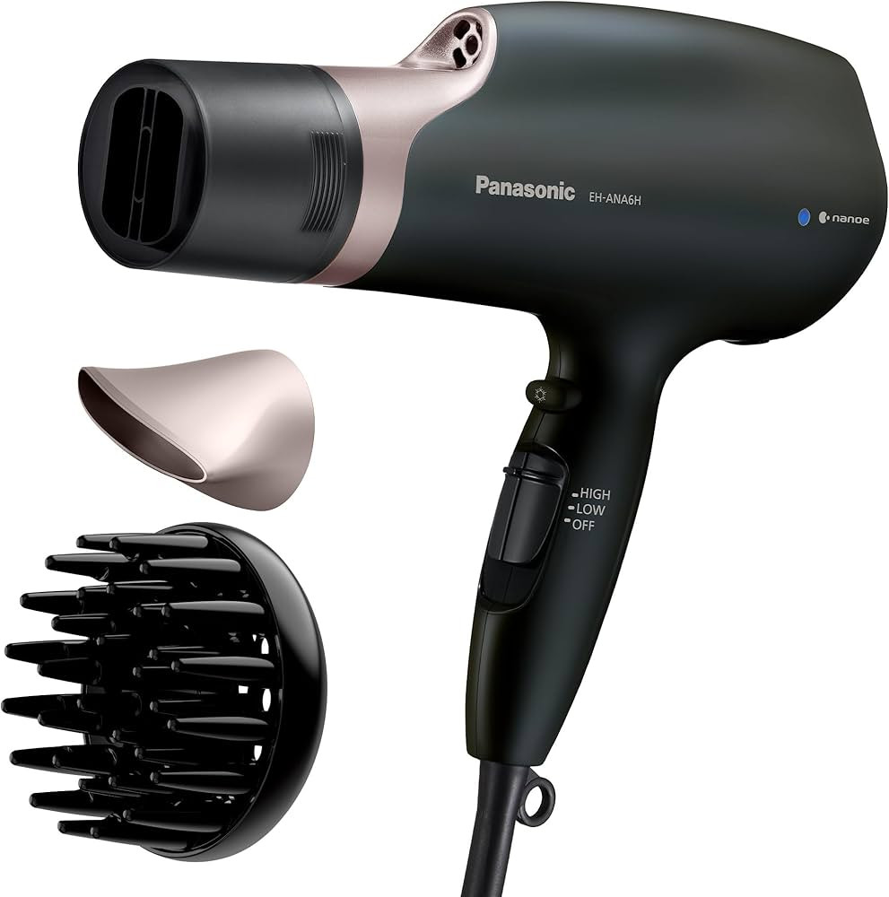 Panasonic Nanoe Salon Hair Dryer with Quick-Dry Oscillating Nozzle, Diffuser Attachment for Curly, Wavy Hair, 3-Speed Heat Setting for Easy Styling & Healthy Hair, EH-ANA6HN (Black/Pink Gold) | Amazon (US)