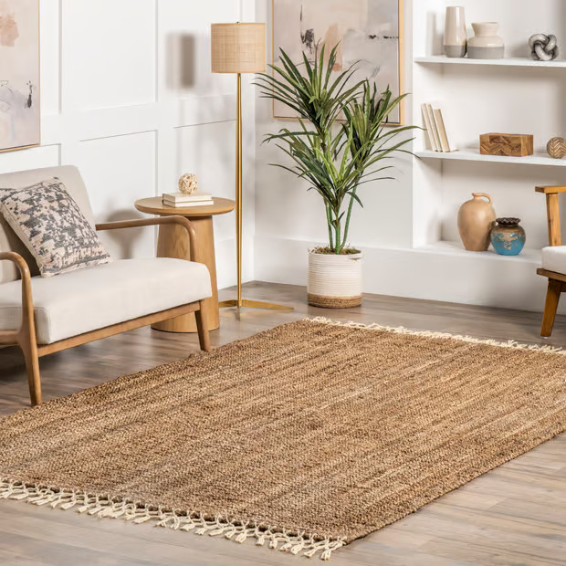 Natural Hand Woven Jute with Wool Fringe 5' x 8' Area Rug | Rugs USA